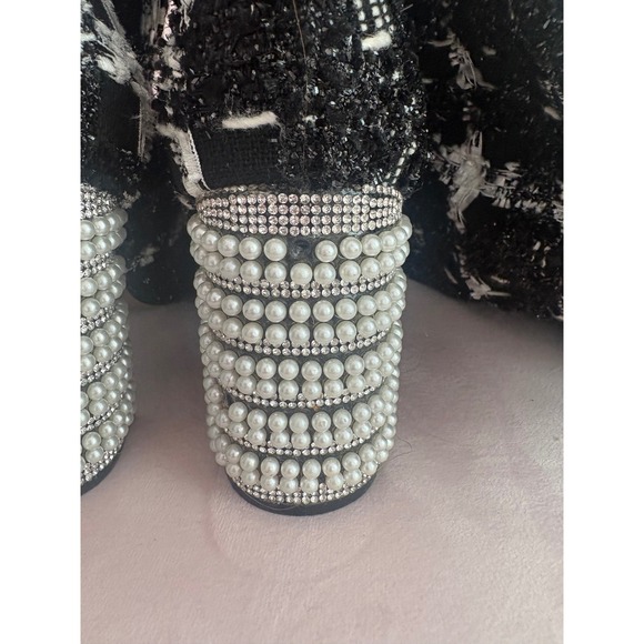 Betsey Johnson Plaid Tweed Over The Knee Boots Pearl Rhinestone Heel Black White - Picture 6 of 10